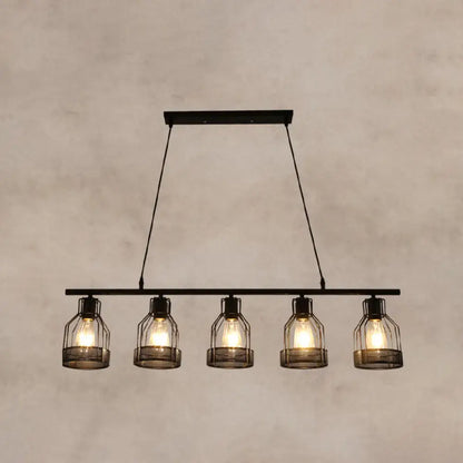 DecorBites industrial metal bar chandelier in black features five bird cage glass shades for island lighting