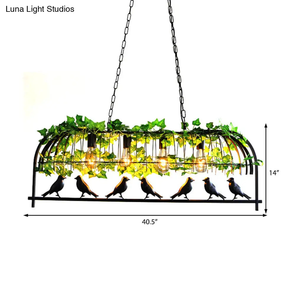 DecorBites™ industrial black metal bird-themed ceiling light with green ivy accents and exposed bulbs for dining room use