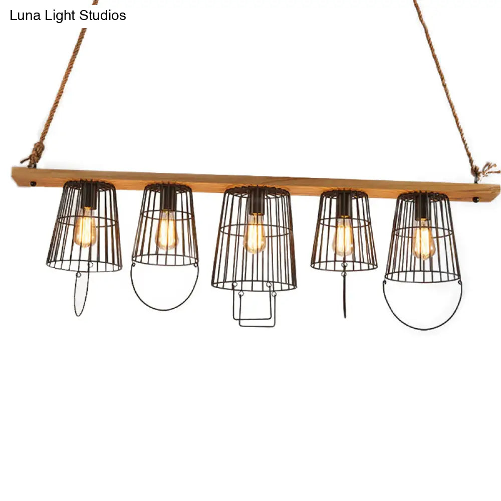DecorBites™ Industrial Black Metal Cage Island Lamp with Stylish Bucket Shade - 5 Lights for Living Room