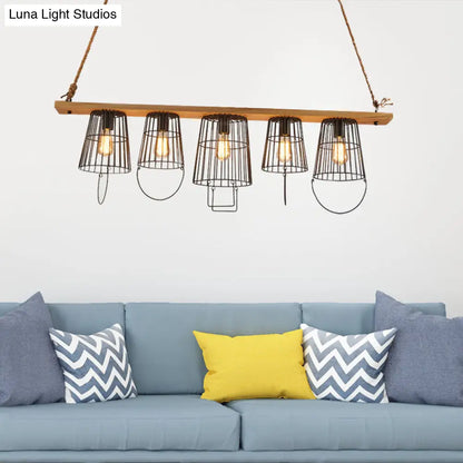 DecorBites™ Industrial Black Metal Cage Island Lamp with Stylish Bucket Shade - 5 Lights for Living Room