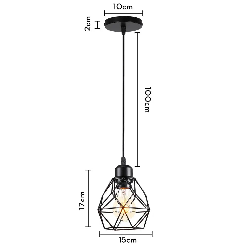 Industrial black metal cage mini pendant light with geometric wireframe design and exposed bulb for dining room
