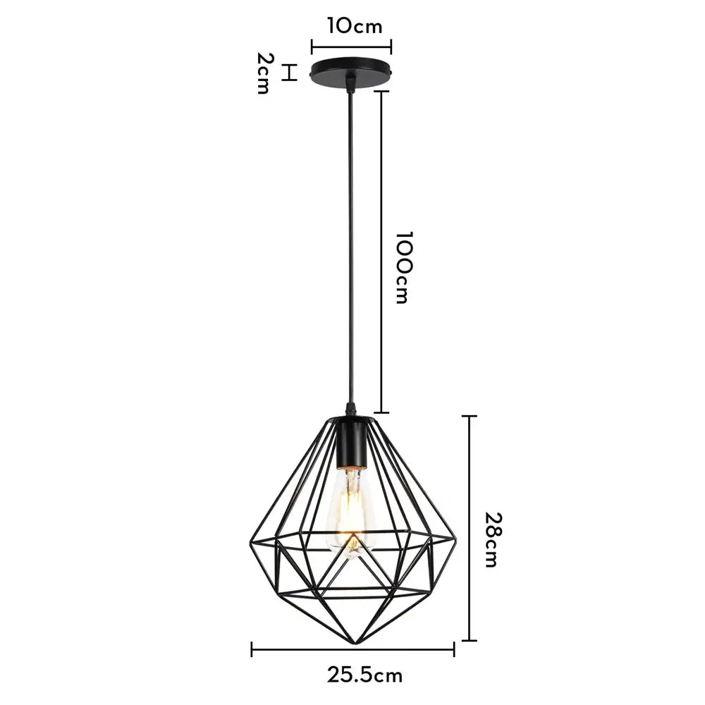 Industrial black metal mini pendant light with diamond-shaped cage design and exposed bulb for dining room use