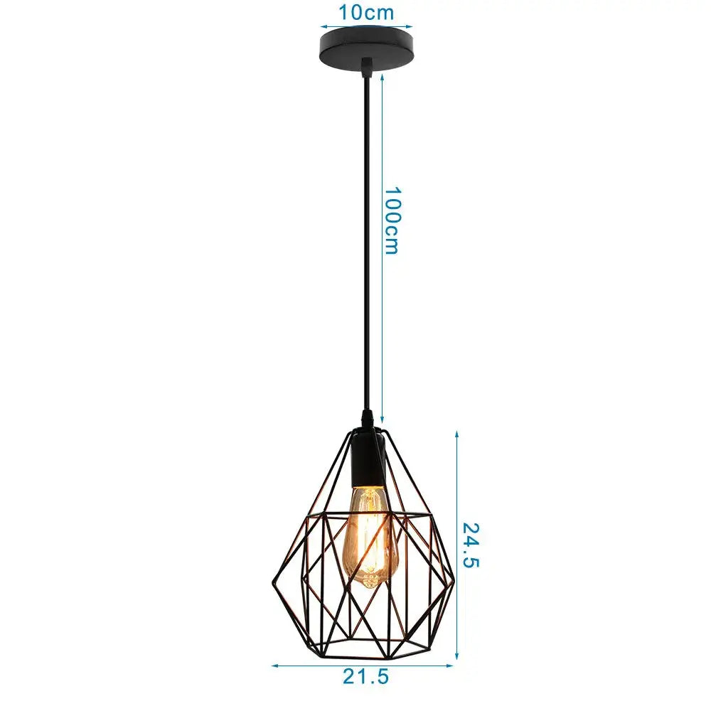 Industrial black metal cage mini pendant light with geometric design and visible edison bulb for dining room use