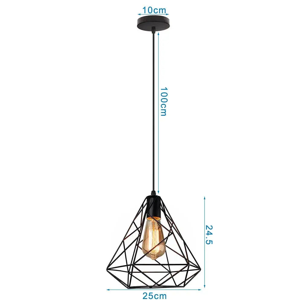 Industrial black metal mini pendant light with geometric diamond cage and exposed filament bulb for dining room use