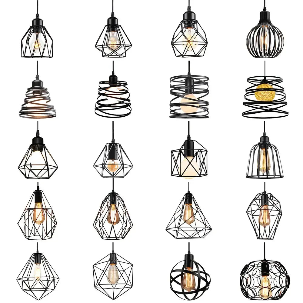 Industrial black metal cage mini pendant light with exposed filament bulbs for dining room pendant lighting
