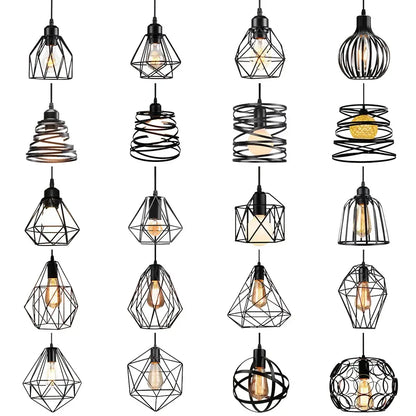 Industrial black metal cage mini pendant light with exposed filament bulbs for dining room pendant lighting