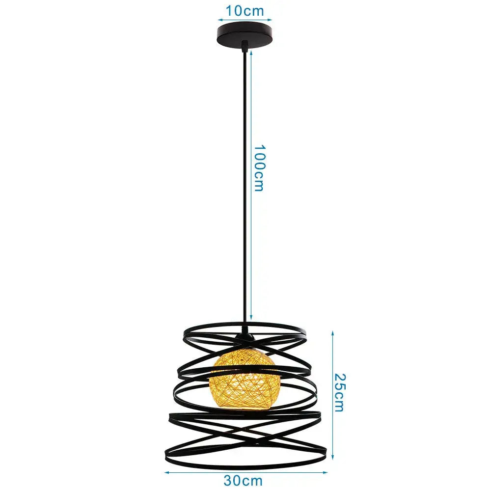 Industrial black metal spiral cage mini pendant light with warm yellow woven globe for dining room use