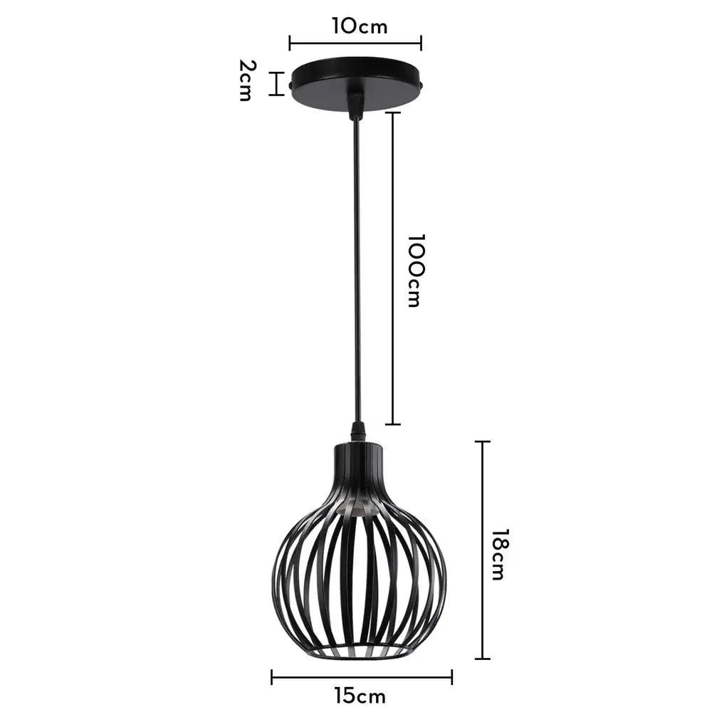 Industrial black metal mini pendant light with a sleek wrought iron cage design for modern dining room lighting