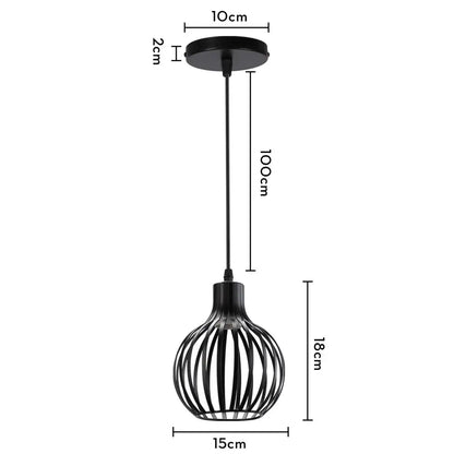 Industrial black metal mini pendant light with a sleek wrought iron cage design for modern dining room lighting