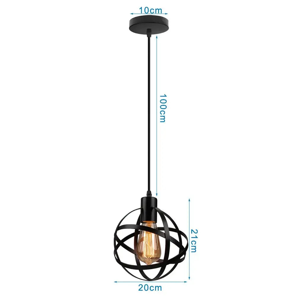 Black wrought iron industrial mini pendant light with globe cage and exposed filament bulb for dining room use