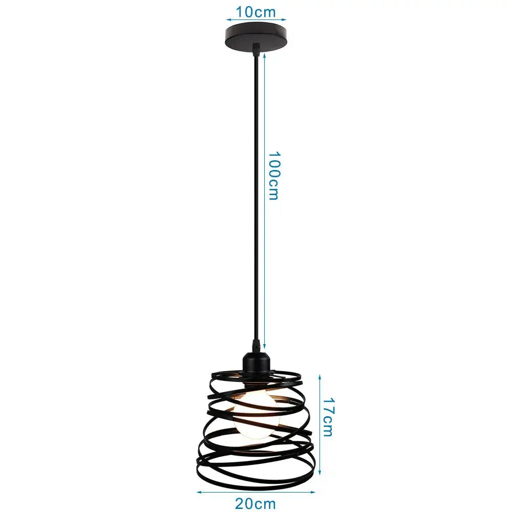 Black wrought iron industrial mini pendant light with spiral design and frosted glass bulb for dining room use