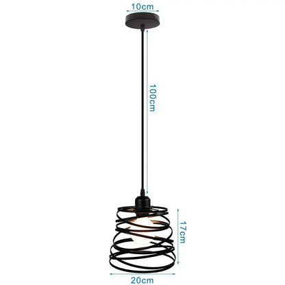Black wrought iron industrial mini pendant light with spiral design and frosted glass bulb for dining room use