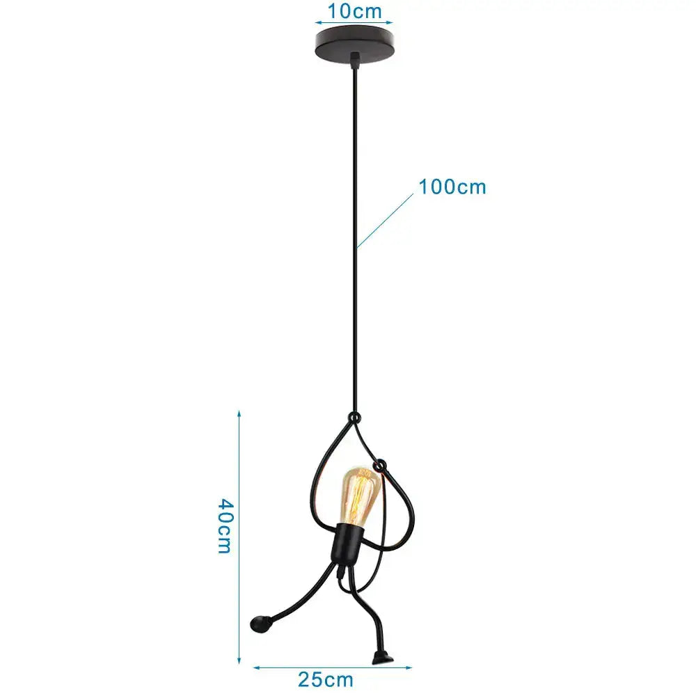 Black metal pendant light shaped as a whimsical figure holding an exposed bulb for decorbites industrial led pendant decor