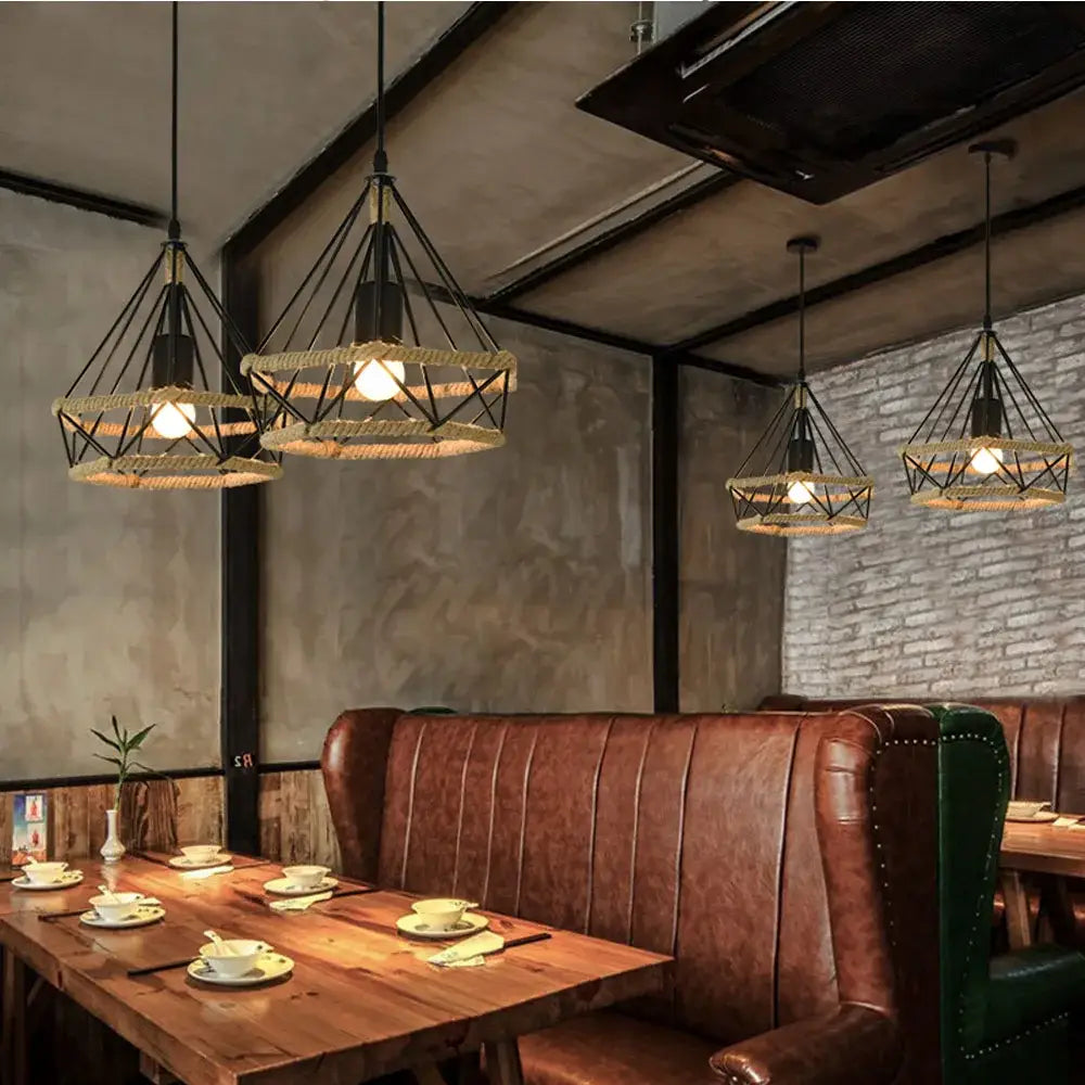 Industrial black metal cage pendant light with woven natural fiber shades for kitchen decorbites industrial led pendant
