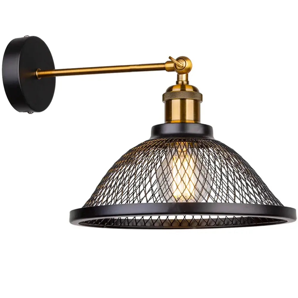 Industrial black metal cage wall lamp with brass accents and mesh shade for bedroom decorbites black metal sconce