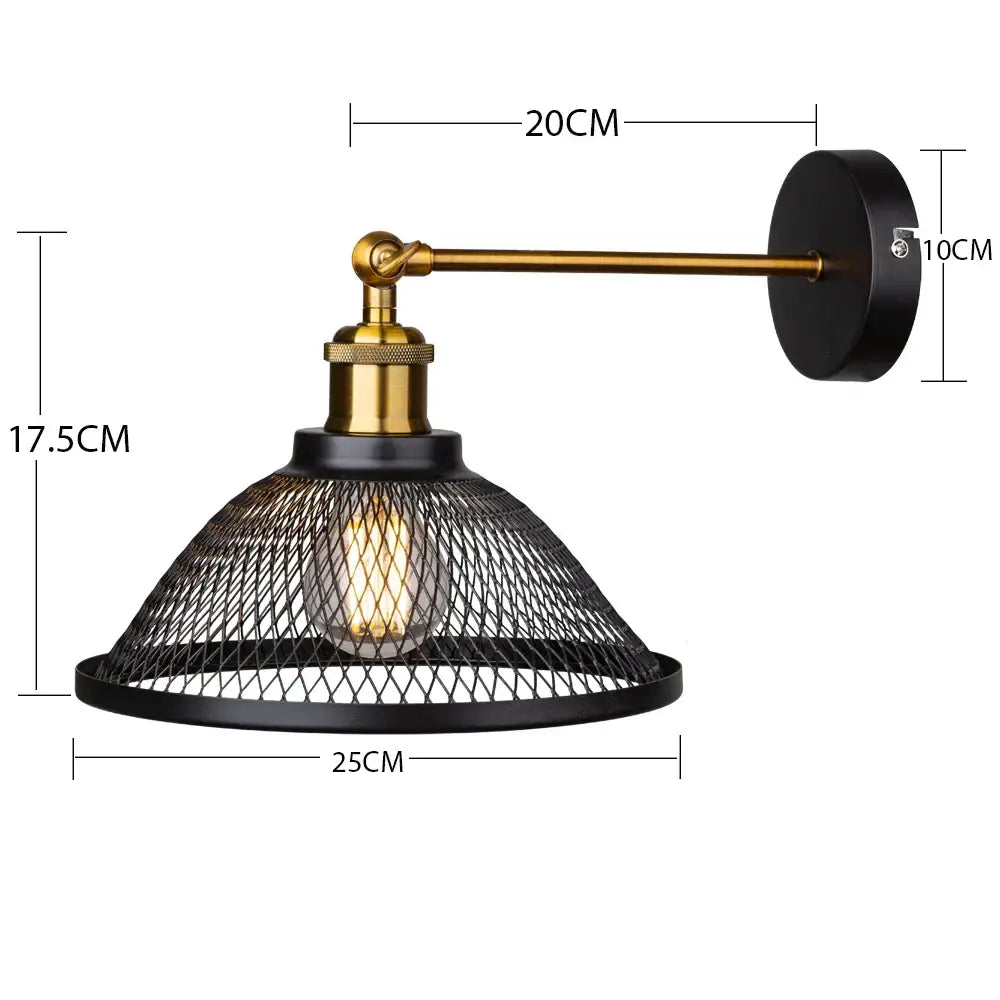 Industrial black metal cage wall lamp with brass sconce and conical mesh shade for decorbites black metal lighting