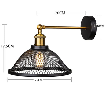 Industrial black metal cage wall lamp with brass sconce and conical mesh shade for decorbites black metal lighting