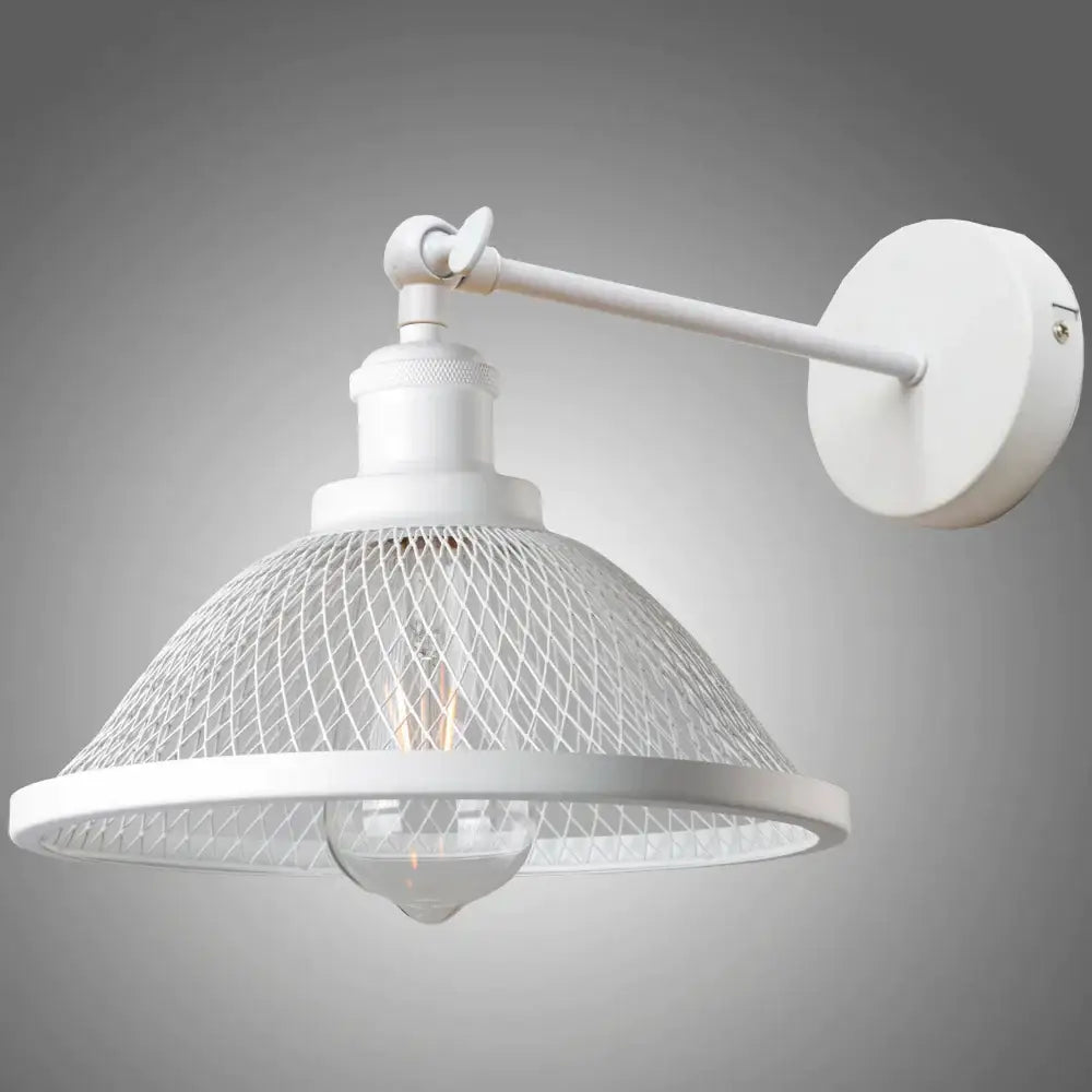 White industrial-style wall lamp with mesh shade and adjustable arm for decorbites black metal cage sconce bedroom decor