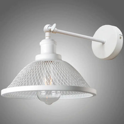 White industrial-style wall lamp with mesh shade and adjustable arm for decorbites black metal cage sconce bedroom decor
