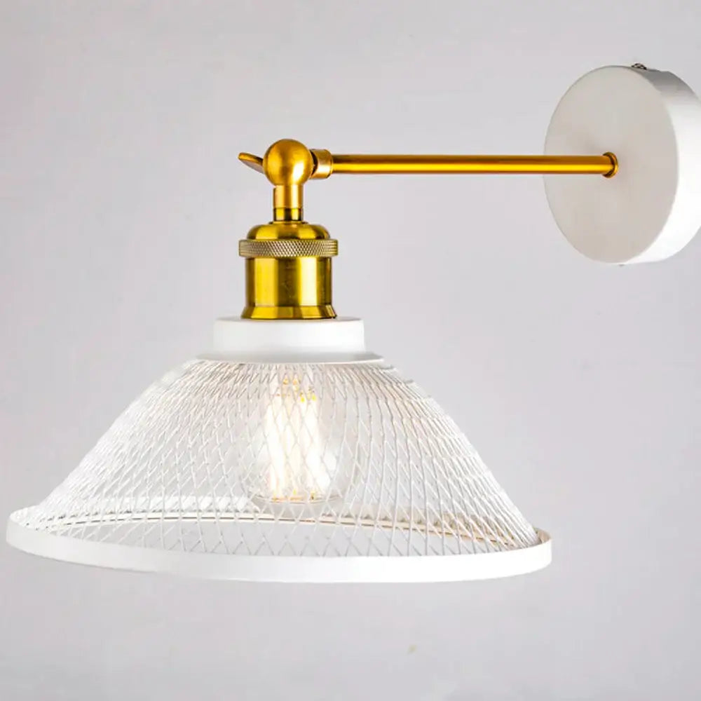 White mesh pendant wall lamp with brass-finished arm and mounting plate in decorbites black metal cage style