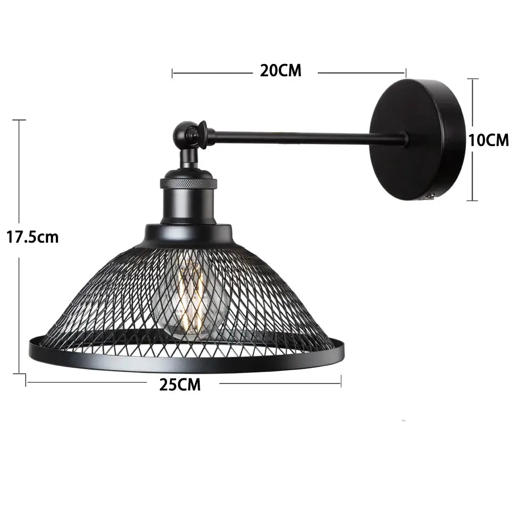 Industrial black metal cage wall lamp with mesh shade and exposed bulb for decorbites black metal bedroom sconce