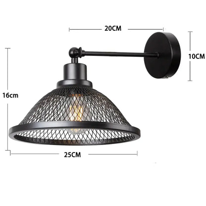Industrial black metal cage wall lamp with black wrought iron conical mesh shade and exposed filament bulb for bedroom decorbites black metal sconce