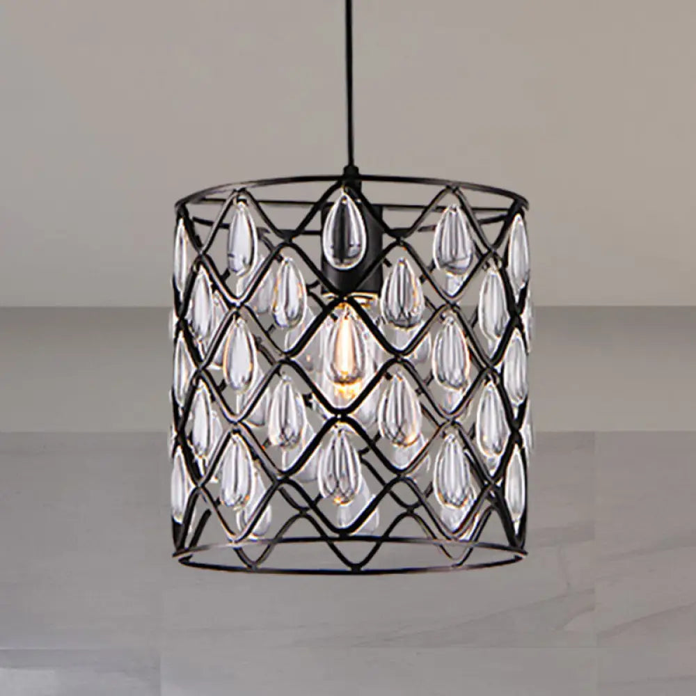 Industrial Black Metal Caged Pendant Lighting with Crystal Drop - Chandelier Lamp