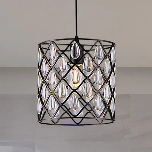 Industrial Black Metal Caged Pendant Lighting with Crystal Drop - Chandelier Lamp