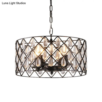 Industrial Black Metal Caged Pendant Lighting with Crystal Drop - Chandelier Lamp