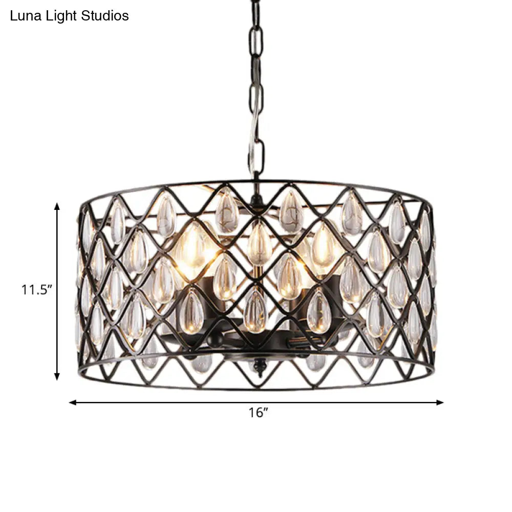 Industrial Black Metal Caged Pendant Lighting with Crystal Drop - Chandelier Lamp