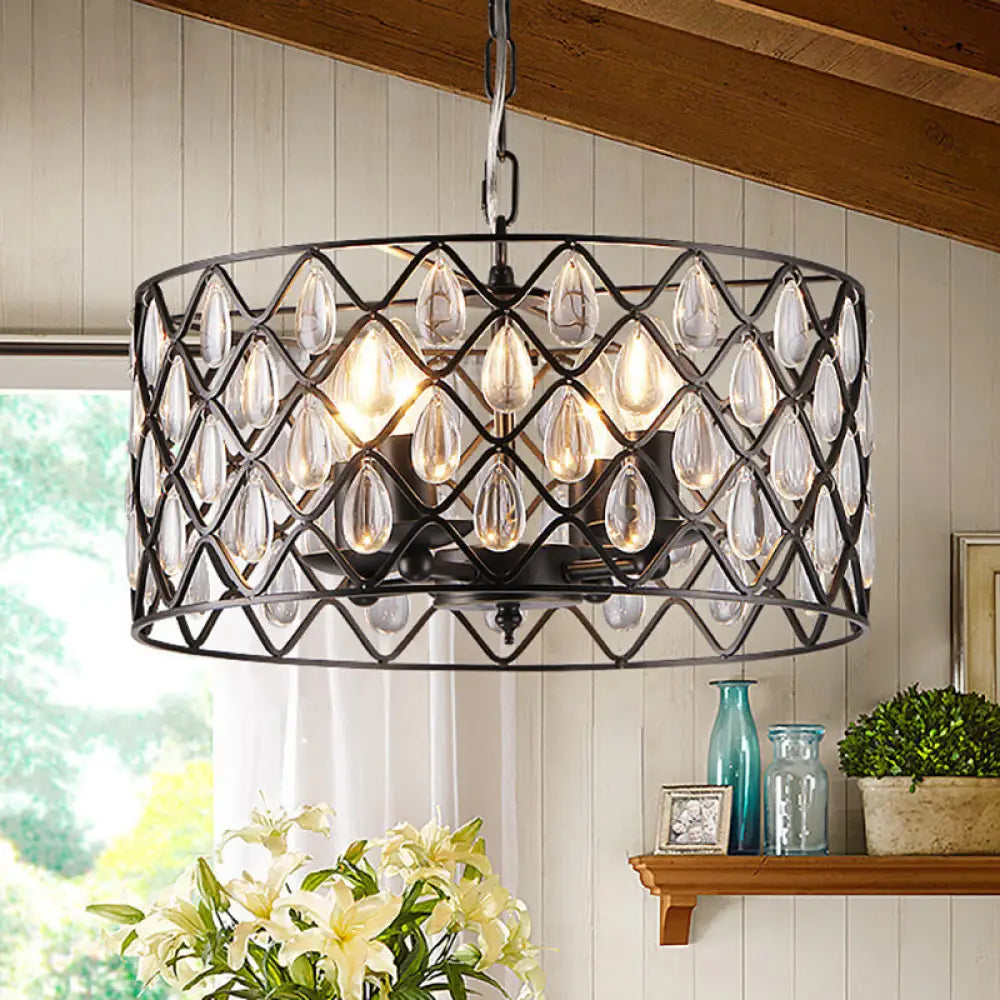 Industrial Black Metal Caged Pendant Lighting with Crystal Drop - Chandelier Lamp