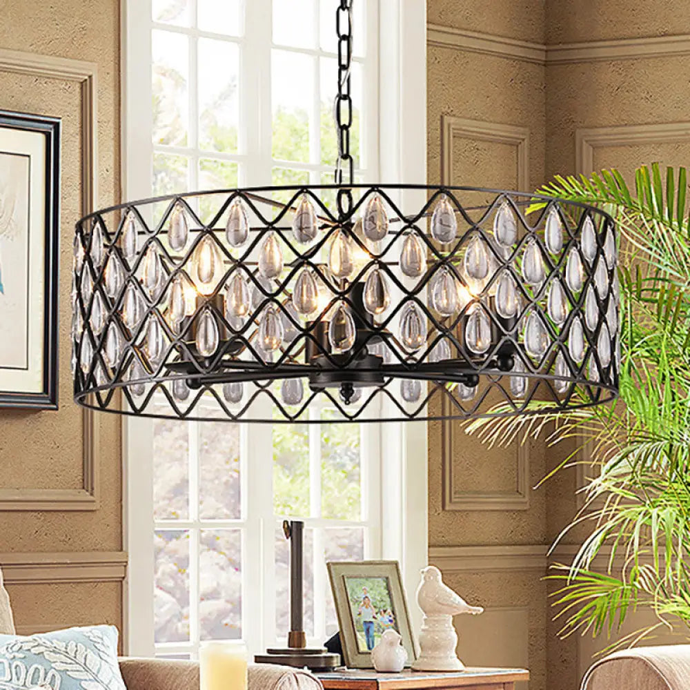 Industrial Black Metal Caged Pendant Lighting with Crystal Drop - Chandelier Lamp