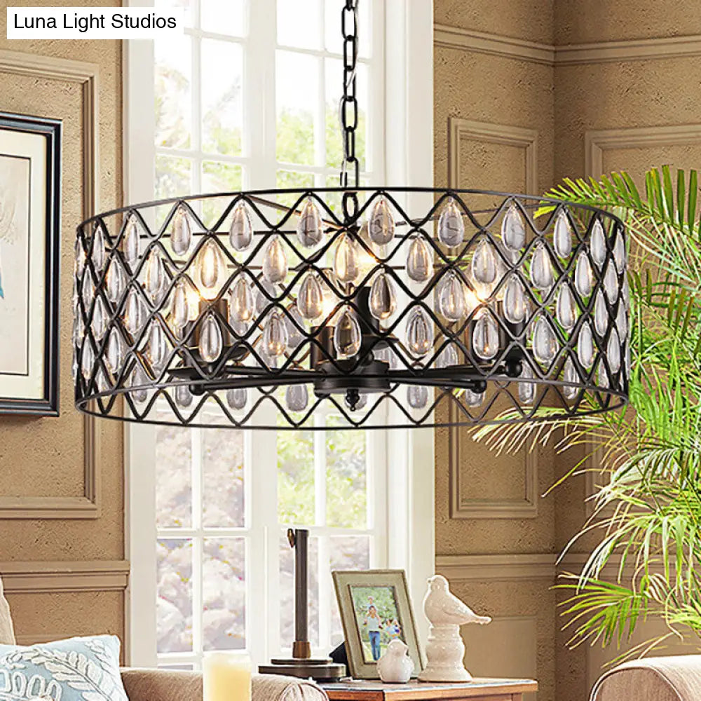 Industrial Black Metal Caged Pendant Lighting with Crystal Drop - Chandelier Lamp