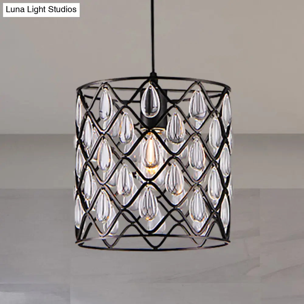 Industrial Black Metal Caged Pendant Lighting with Crystal Drop - Chandelier Lamp