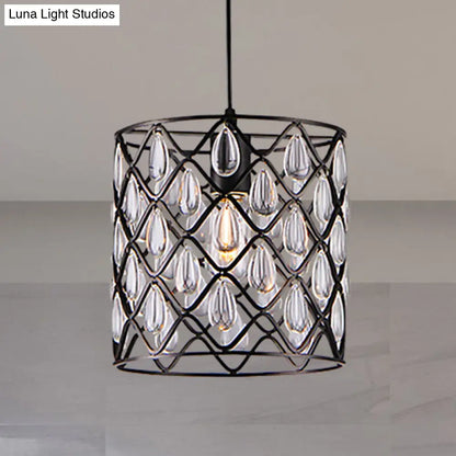 Industrial Black Metal Caged Pendant Lighting with Crystal Drop - Chandelier Lamp