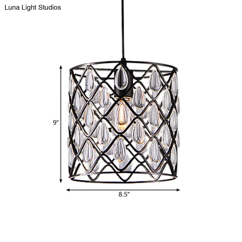 Industrial Black Metal Caged Pendant Lighting with Crystal Drop - Chandelier Lamp