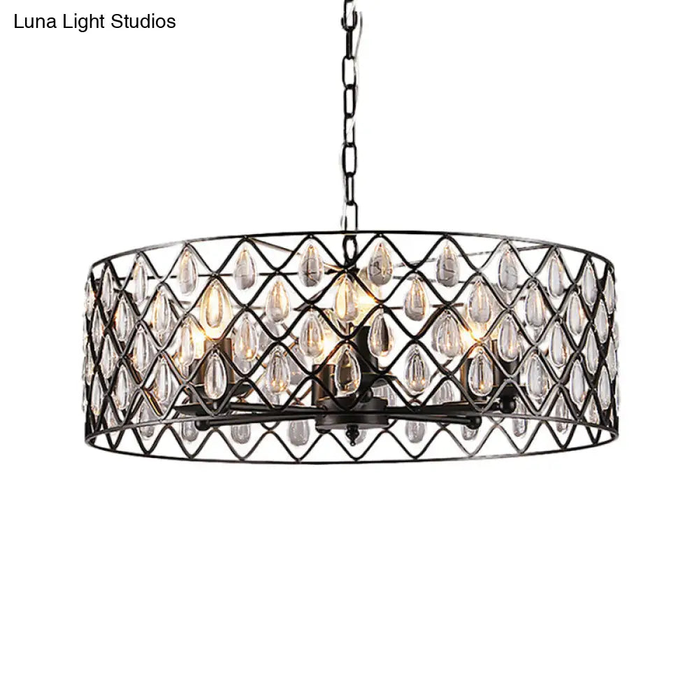 Industrial Black Metal Caged Pendant Lighting with Crystal Drop - Chandelier Lamp