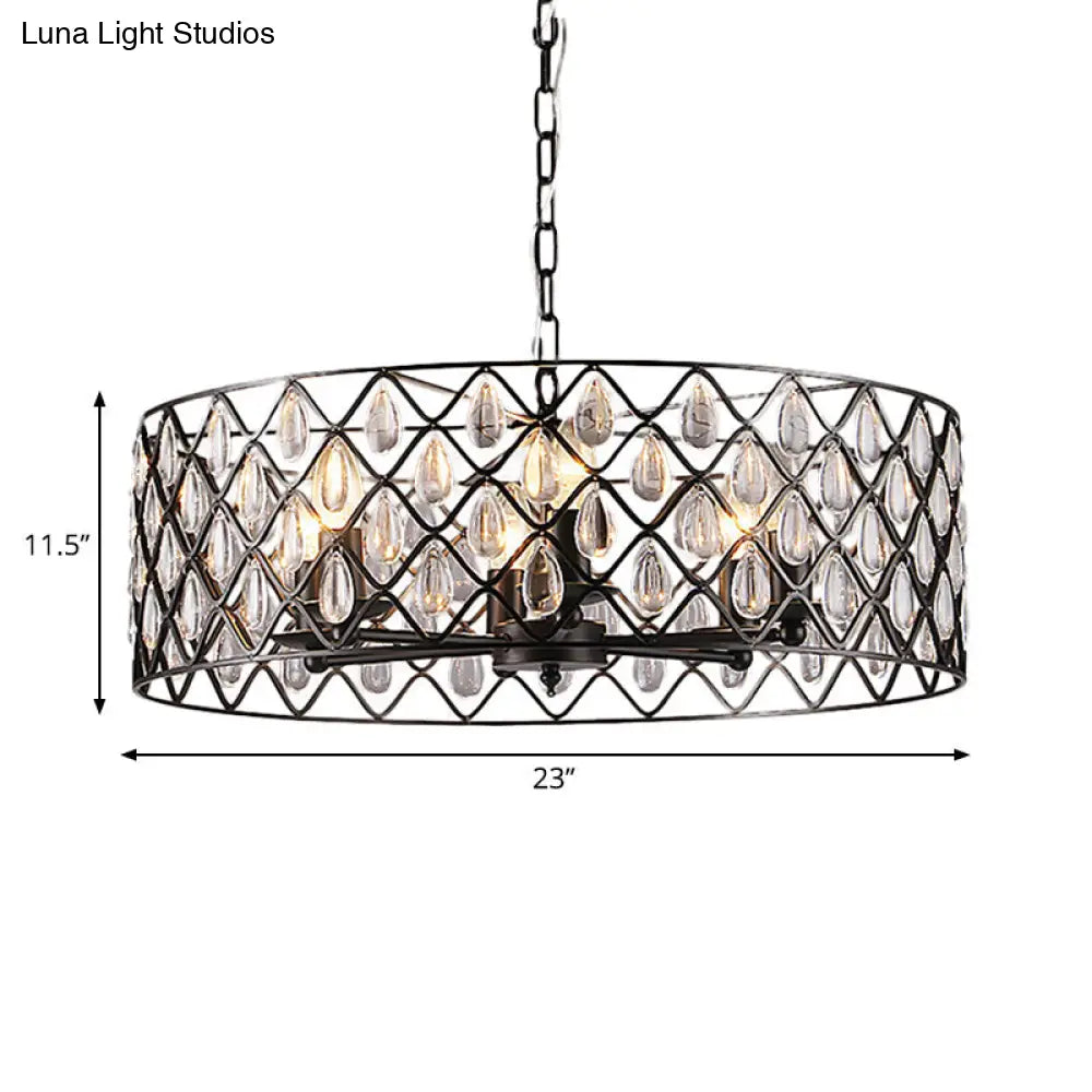 Industrial Black Metal Caged Pendant Lighting with Crystal Drop - Chandelier Lamp