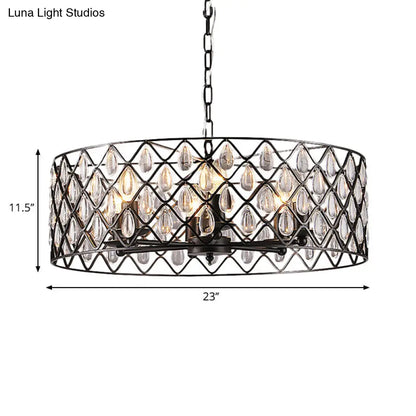 Industrial Black Metal Caged Pendant Lighting with Crystal Drop - Chandelier Lamp