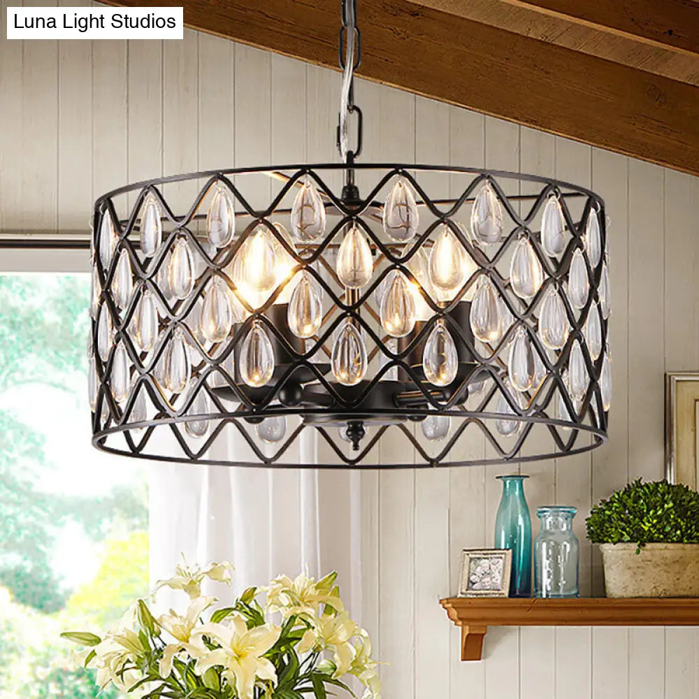 Industrial Black Metal Caged Pendant Lighting with Crystal Drop - Chandelier Lamp