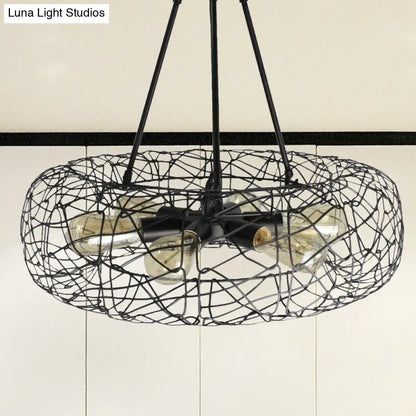 Industrial Black Metal Ceiling Chandelier with 6-Light Drum Fixture and Mesh Screen