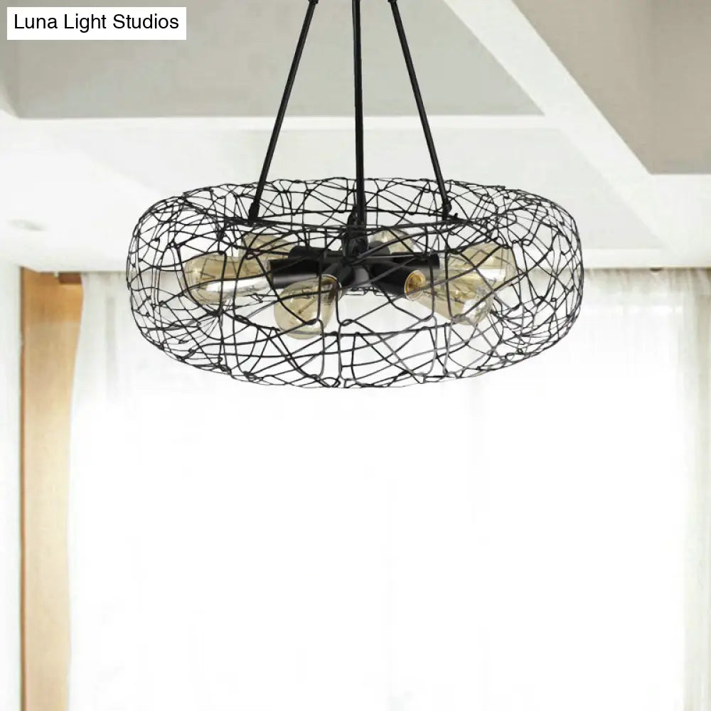Industrial Black Metal Ceiling Chandelier with 6-Light Drum Fixture and Mesh Screen