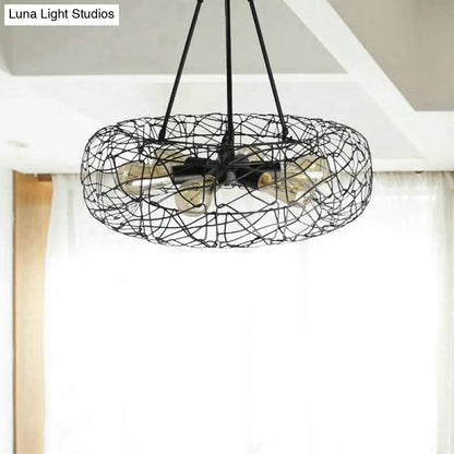 Industrial Black Metal Ceiling Chandelier with 6-Light Drum Fixture and Mesh Screen