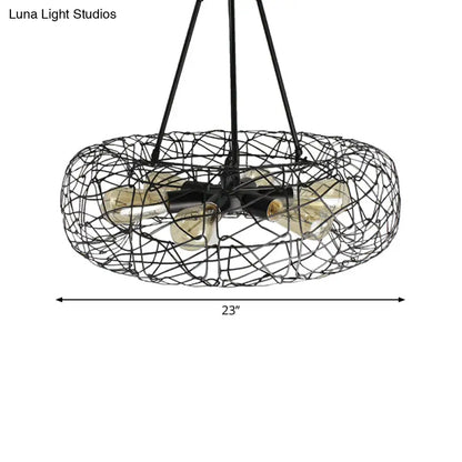 Industrial Black Metal Ceiling Chandelier with 6-Light Drum Fixture and Mesh Screen