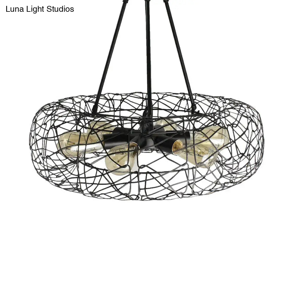 Industrial Black Metal Ceiling Chandelier with 6-Light Drum Fixture and Mesh Screen