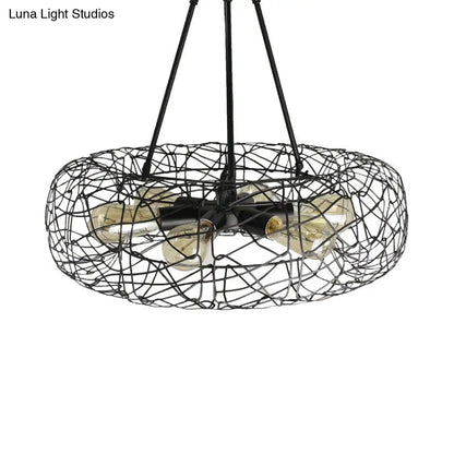 Industrial Black Metal Ceiling Chandelier with 6-Light Drum Fixture and Mesh Screen