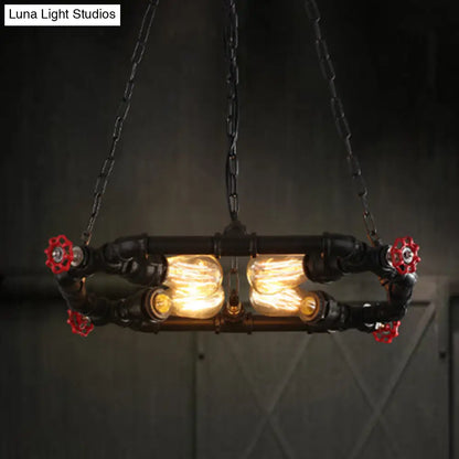 Industrial Black Metal Ceiling Chandelier with Clear Glass and Valve – 4-Light Hanging Fixture