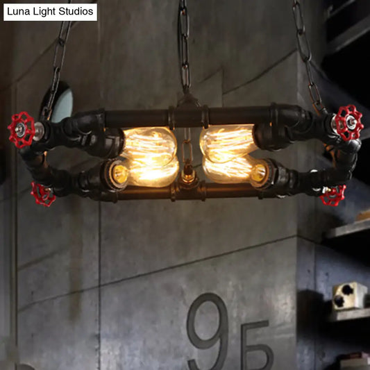 Industrial Black Metal Ceiling Chandelier with Clear Glass and Valve – 4-Light Hanging Fixture