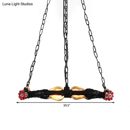 Industrial Black Metal Ceiling Chandelier with Clear Glass and Valve – 4-Light Hanging Fixture
