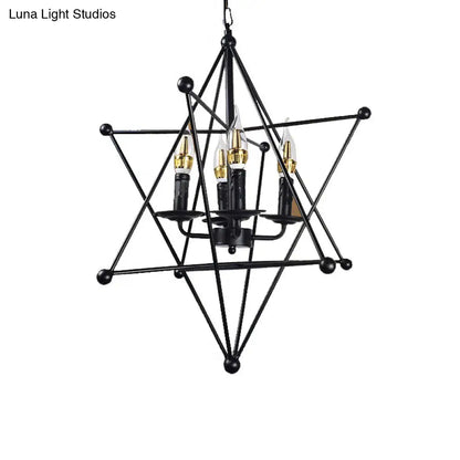 Industrial Black Metal Chandelier - 4-Light Hanging Pendant with Cage for Living Room